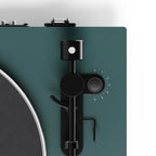 Kanto Audio OBI3 Gen 2 turntable, Green, top view, tonearm and speed controls