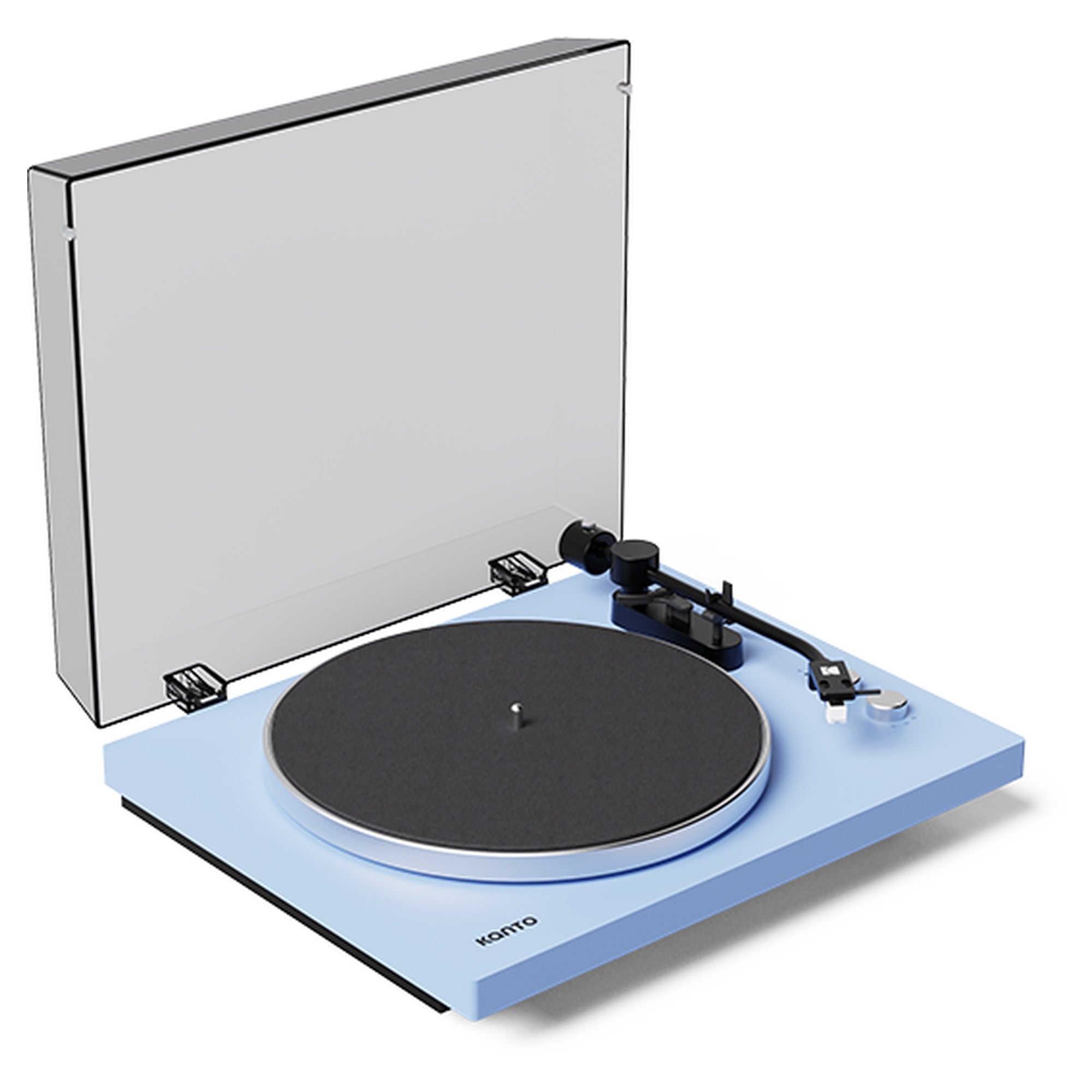 Kanto Audio OBI3 Gen 2 turntable, Ice Blue, angled view with dustcover open