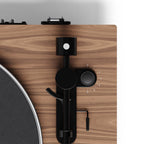 Kanto Audio OBI3 Gen 2 turntable, Walnut, top view, tonearm and speed controls