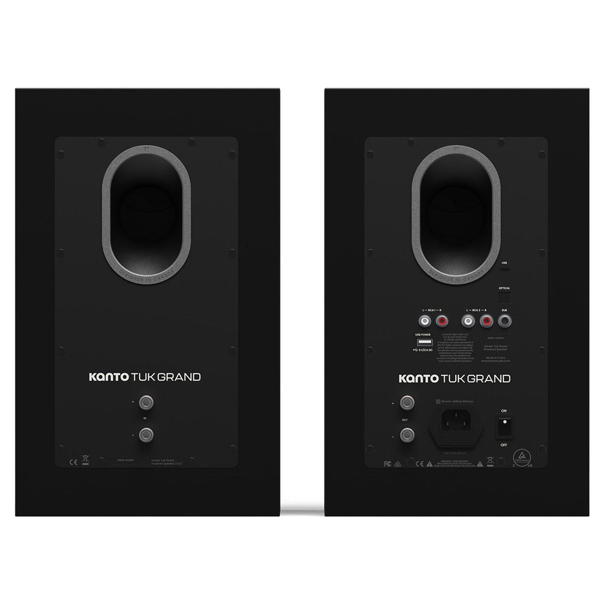 Kanto Audio TUK Grand in Matte Black, rear view with RCA, USB-C, optical inputs and subwoofer output