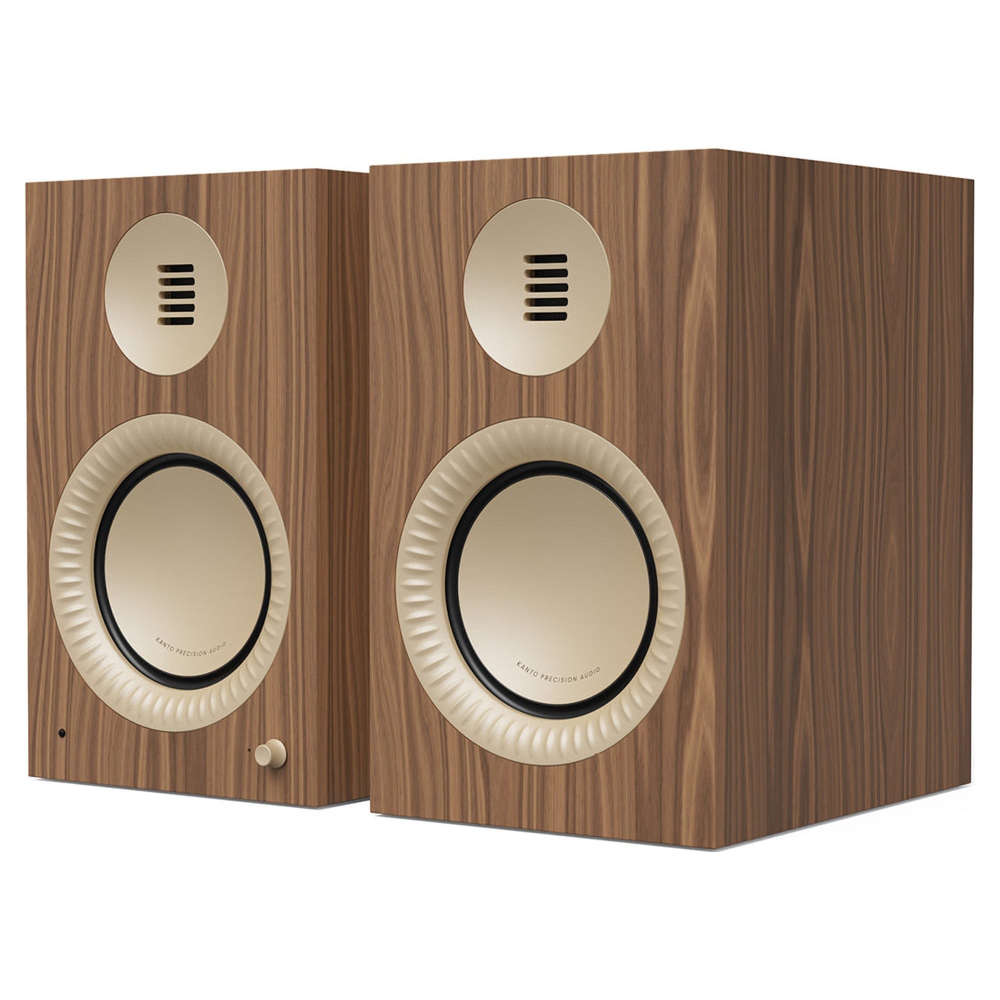 Kanto Audio TUK Grand powered speakers in Matte Walnut with rose gold waveguides, three-quarter view