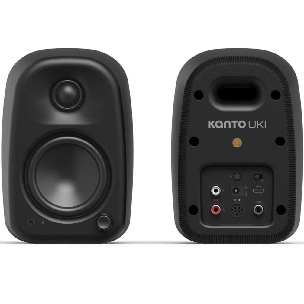 Kanto Audio UKI desktop speakers with Bluetooth, featuring active bookshelf design and 100W power output.