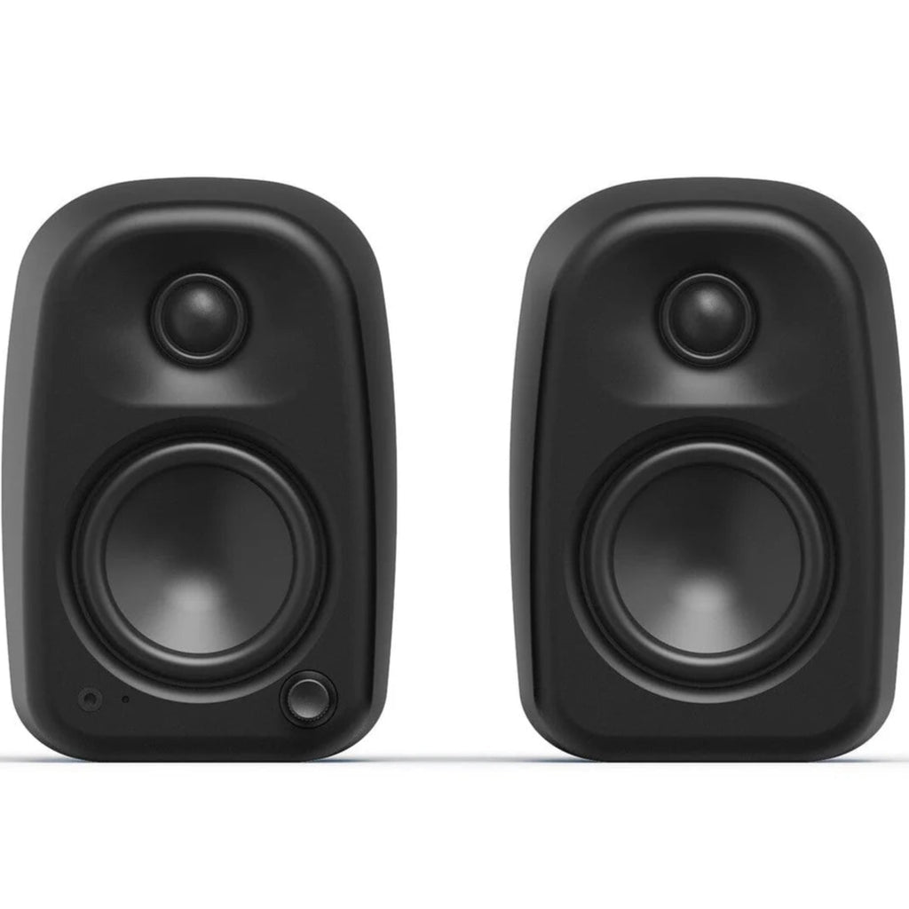 Kanto Audio UKI desktop speakers with Bluetooth, active bookshelf design, showcasing sleek black finish and compact size.