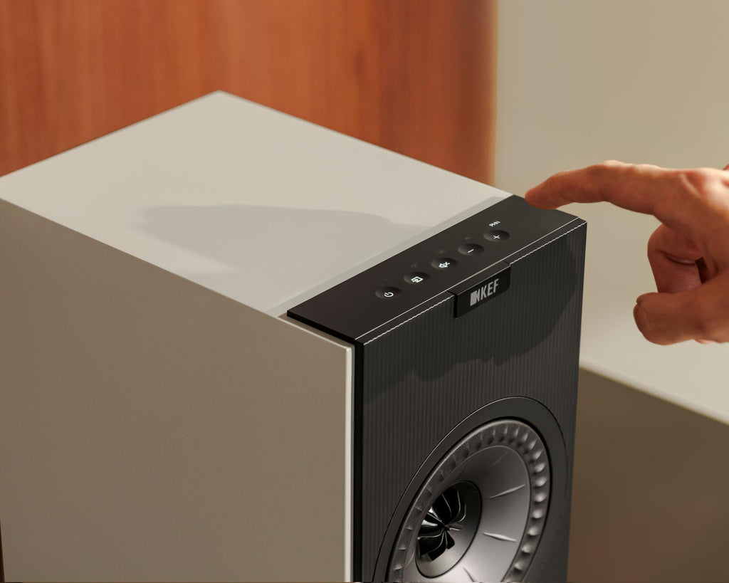 KEF Coda W active bookshelf speakers, detail view.