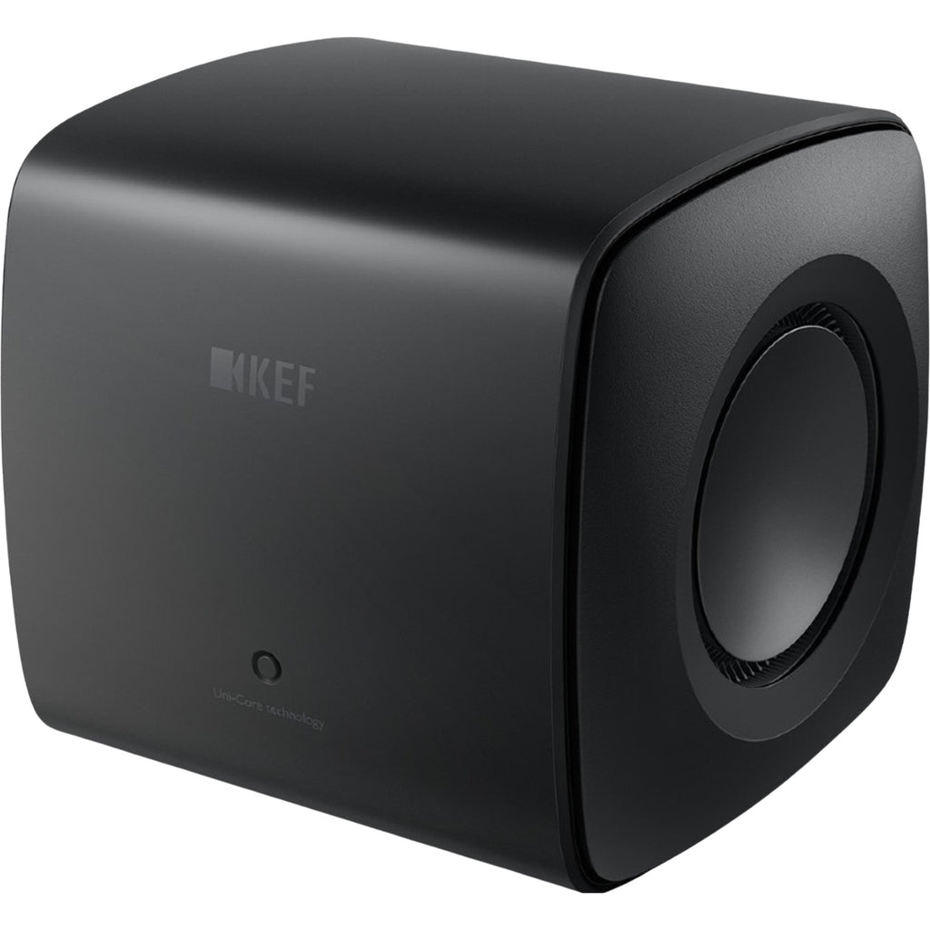 KEF KC62 subwoofer with sleek black enclosure and compact design, perfect for enhancing bass in home audio systems.