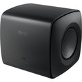 KEF KC62 subwoofer with sleek black enclosure and compact design, perfect for enhancing bass in home audio systems.
