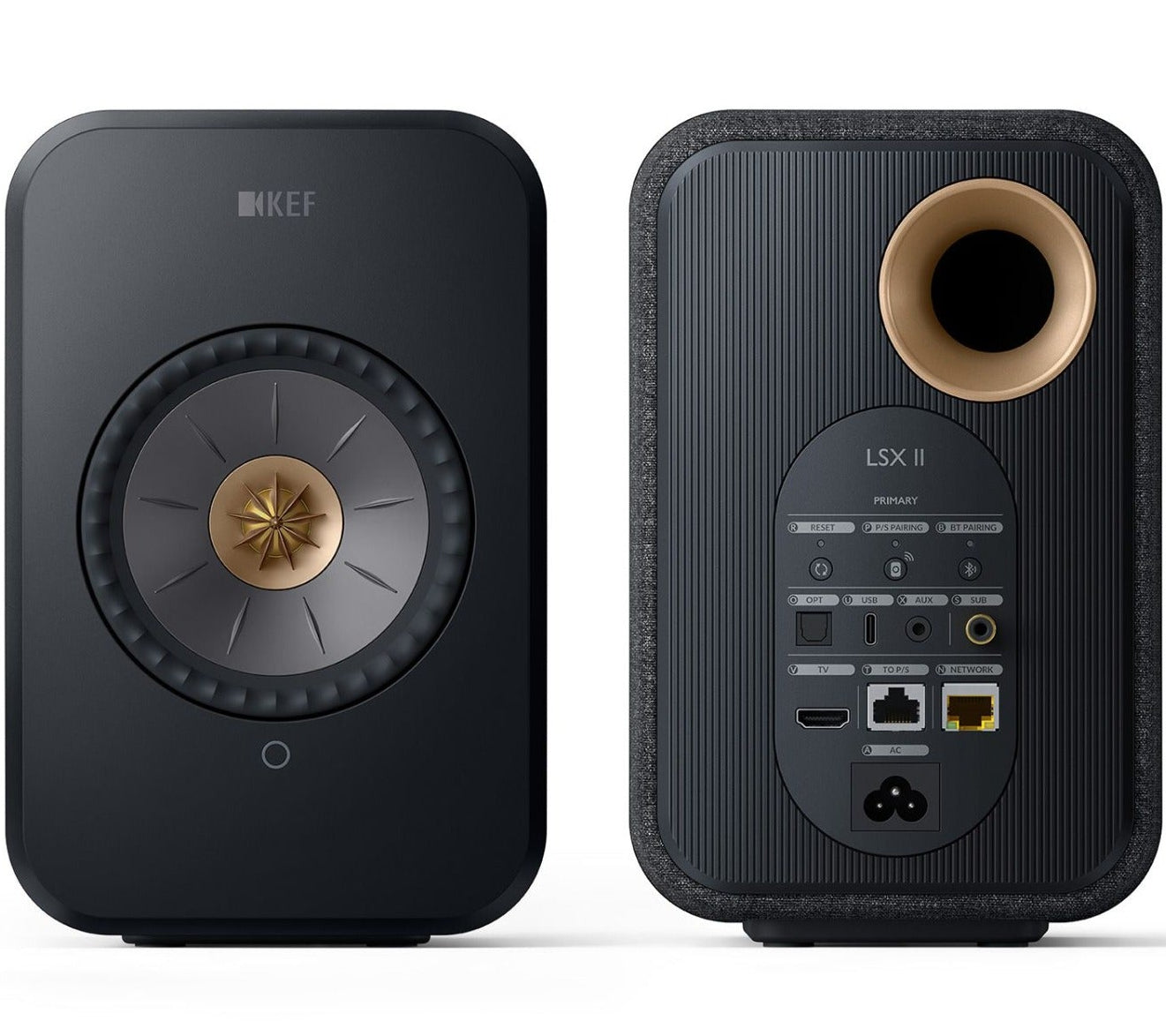 KEF LSX II, active bookshelf speakers, angle, carbon black