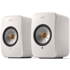 KEF LSX II wireless bookshelf speakers, on floor stands