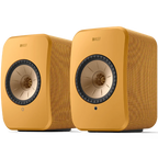 KEF LSX II wireless bookshelf speakers, on floor stands