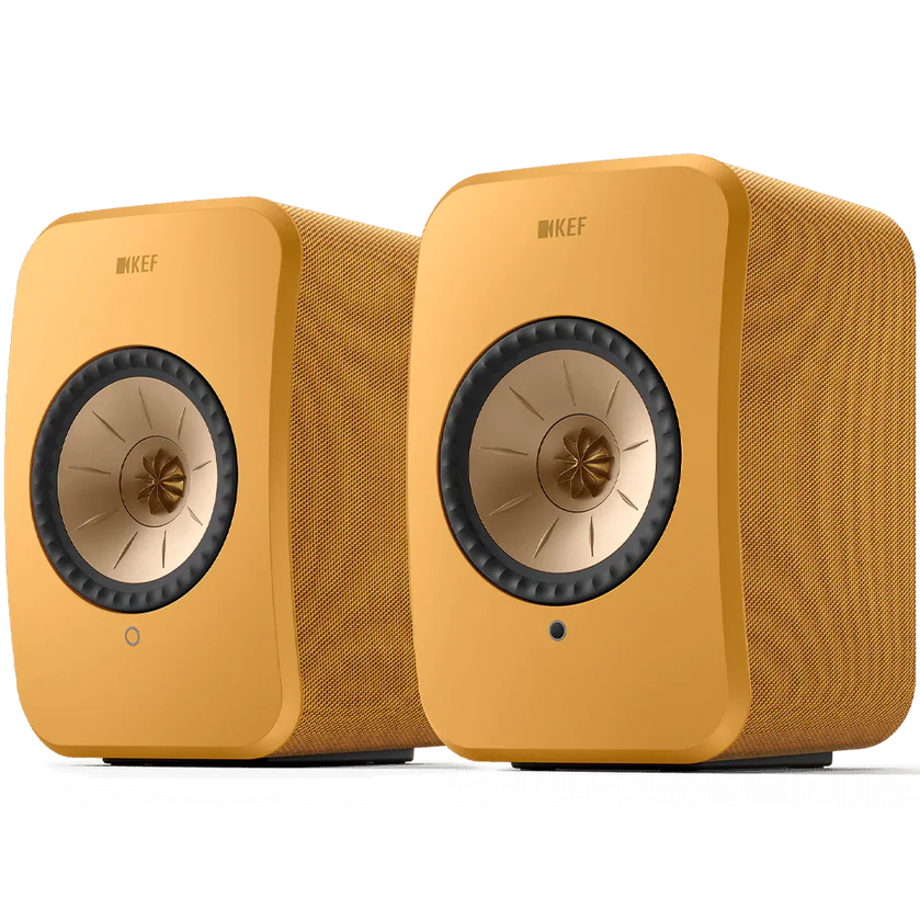 KEF LSX II wireless bookshelf speakers, on floor stands