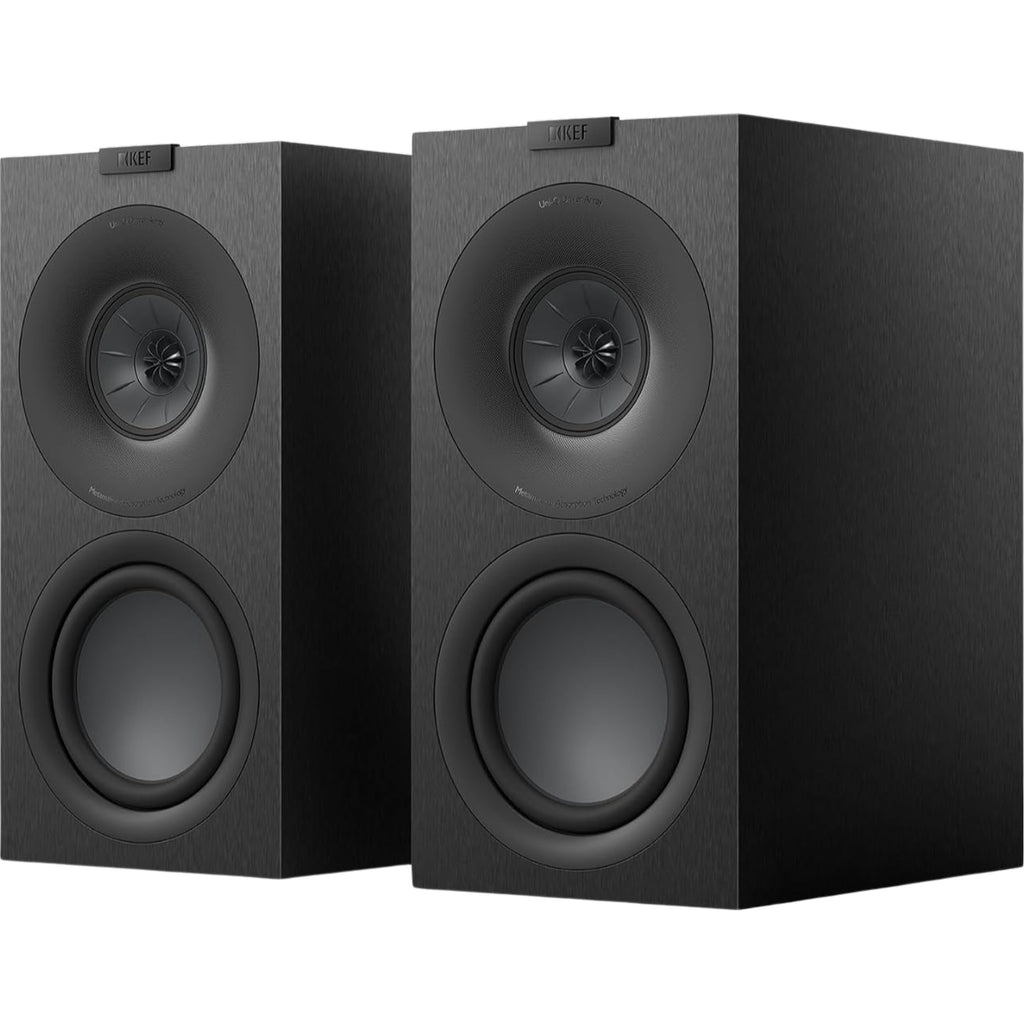 Pair of KEF Q Concerto Meta passive bookshelf speakers with sleek black cabinets and detailed driver grilles, ideal for home audio.