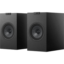 Pair of KEF Q1 Meta passive bookshelf speakers with sleek black cabinets and front-facing drivers on a white background.
