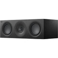 KEF Q6 Meta center speaker showing a sleek black speaker with a minimalist design and KEF branding on the front grille.
