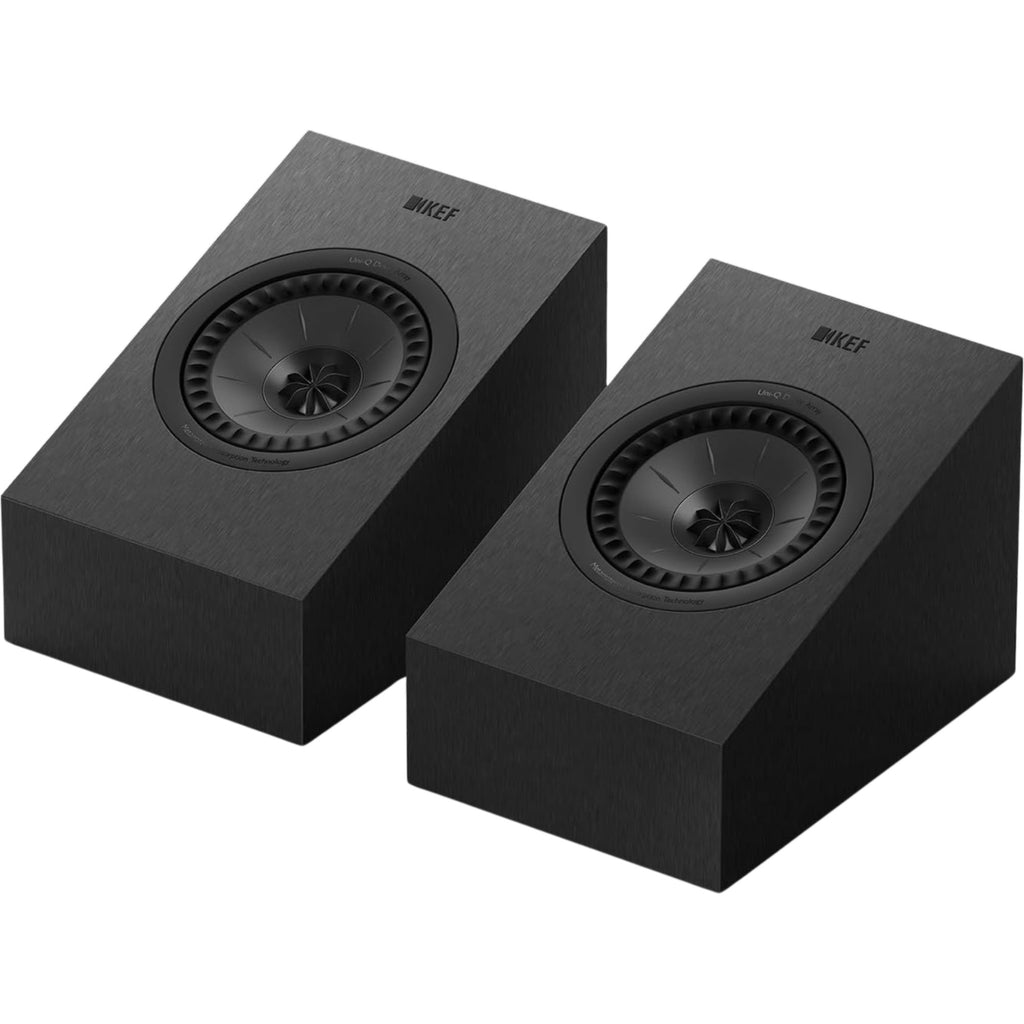 Pair of KEF Q8 Meta Dolby Atmos speakers with sleek black design and advanced audio drivers for immersive sound quality.