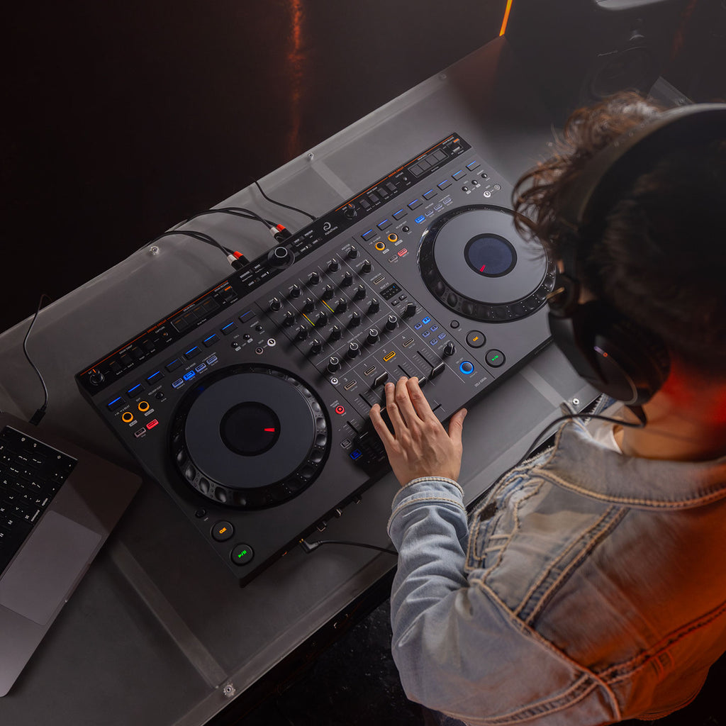 AlphaTheta DDJ-GRV6 DJ controller with jog wheels, control knobs, and performance pads for professional mixing.