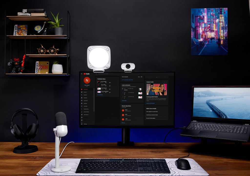 Elgato Key Light Neo bi-color LED light with adjustable brightness and color temperature on a stand for streaming or video setup.
