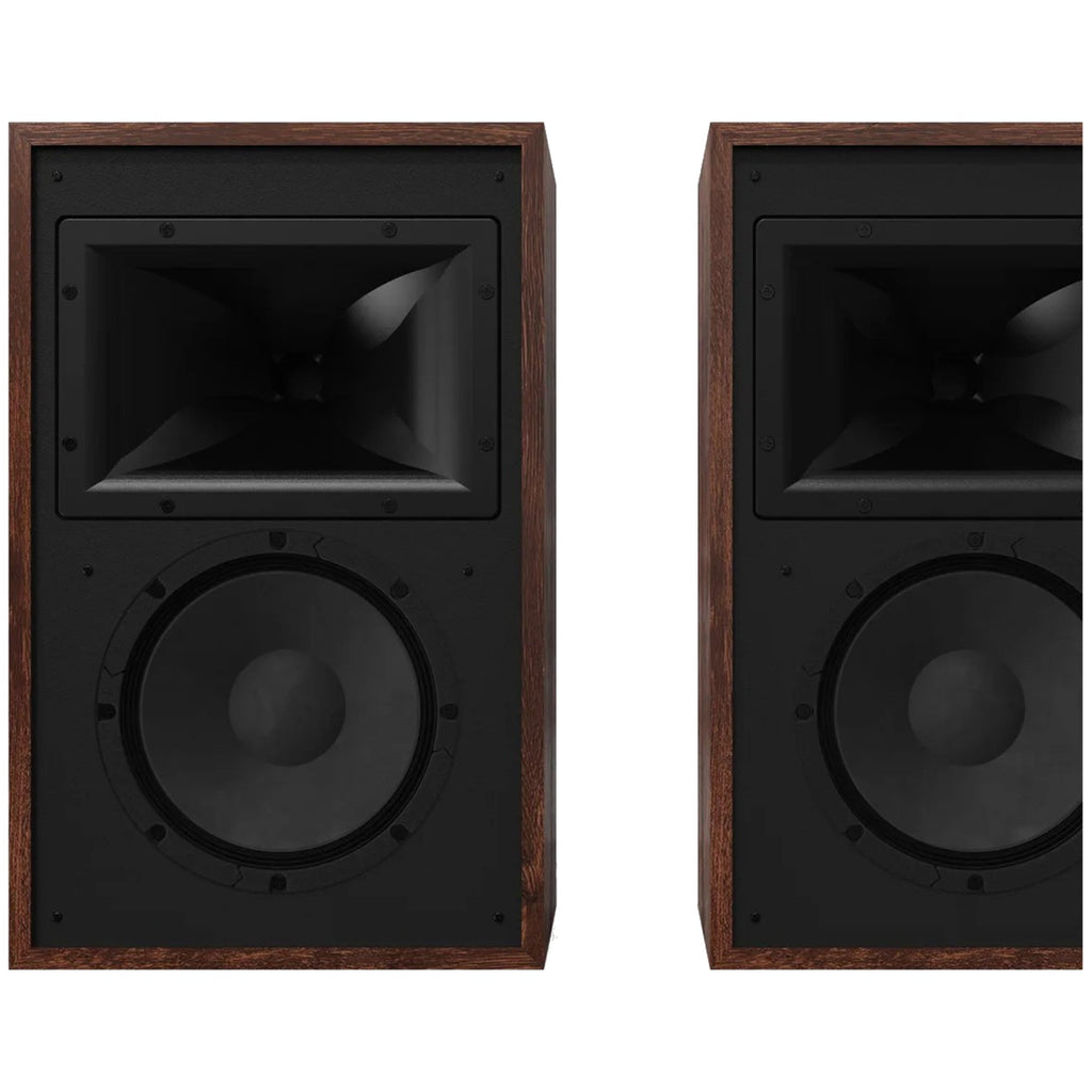 Klipsch Rebellion pair without grilles showing horn-loaded design