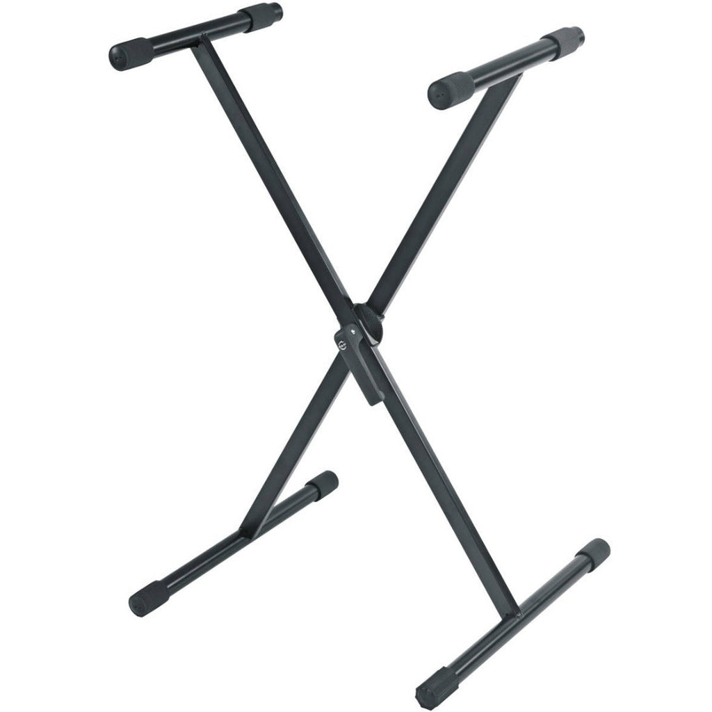 K&M 18933 keyboard stand supporting electronic keyboard with adjustable height and sturdy metal construction.