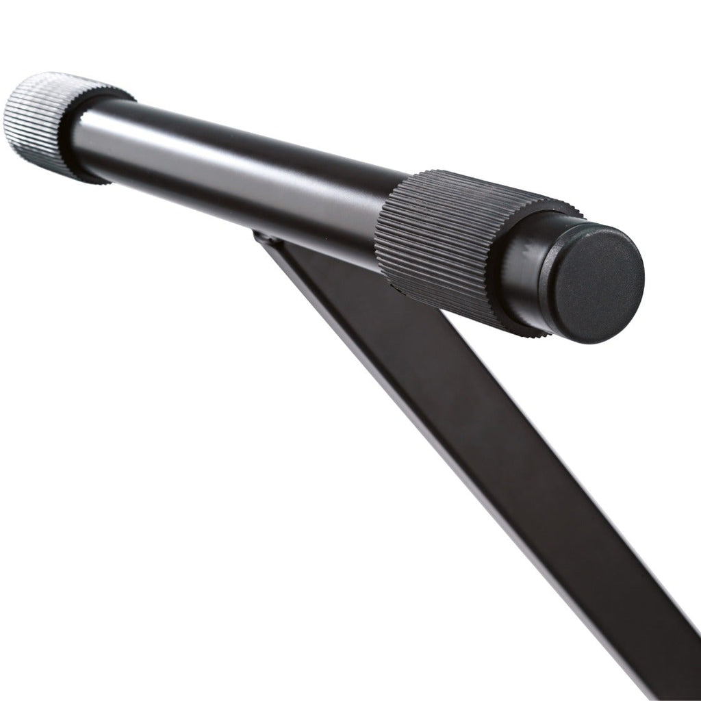 K&M 18933 keyboard stand with adjustable support arms, black metal construction, and secure locking mechanisms.