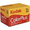 Kodak Colorplus 200 film roll, 35mm color negative film for cameras, showing the packaging and film spool.
