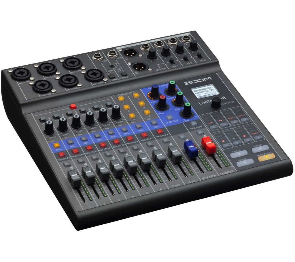 Zoom LiveTrak L-8 digital mixer with multiple input channels, knobs, and controls for professional audio mixing.