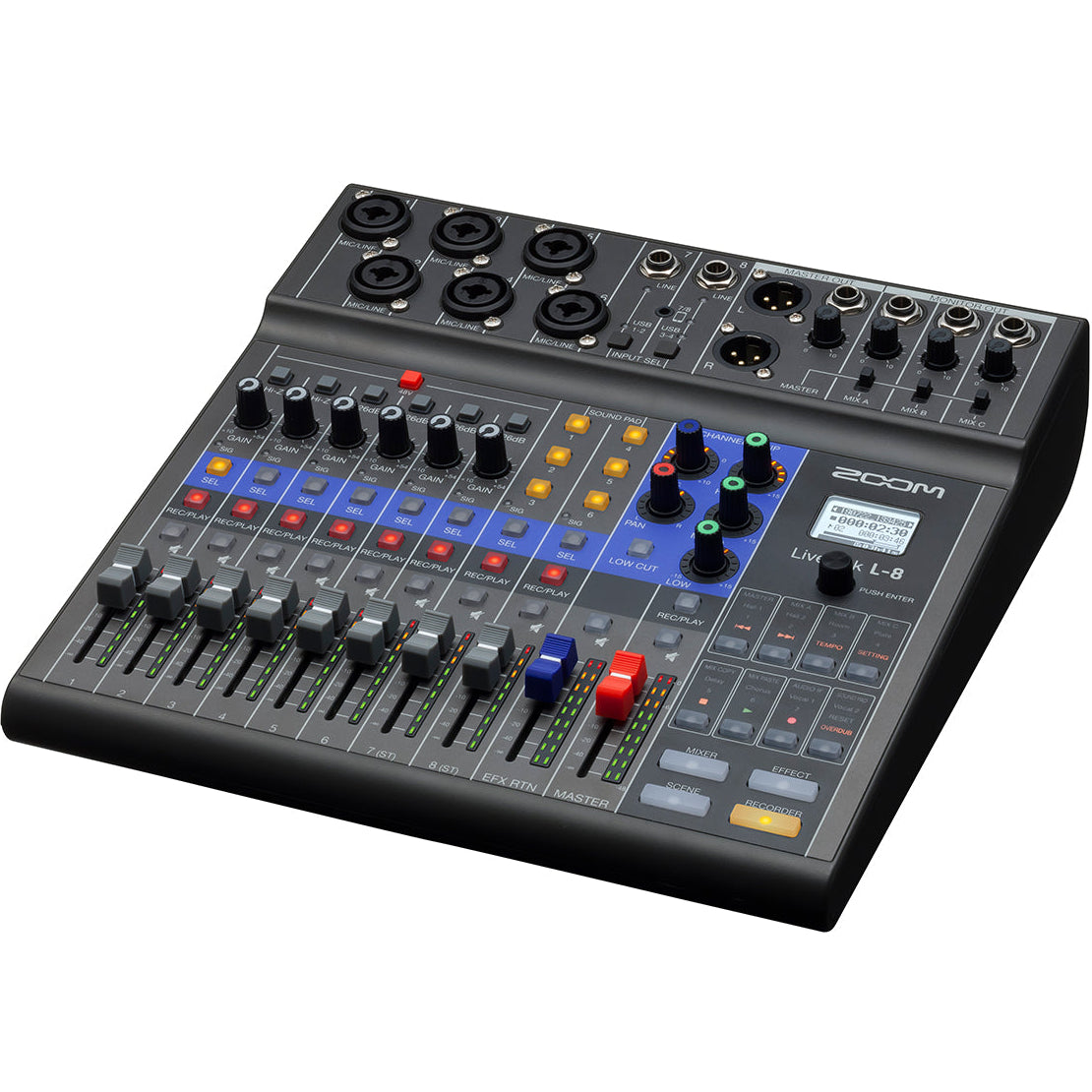 Zoom LiveTrak L-8 digital mixer with multiple input channels and a compact design, featuring onboard controls and display.