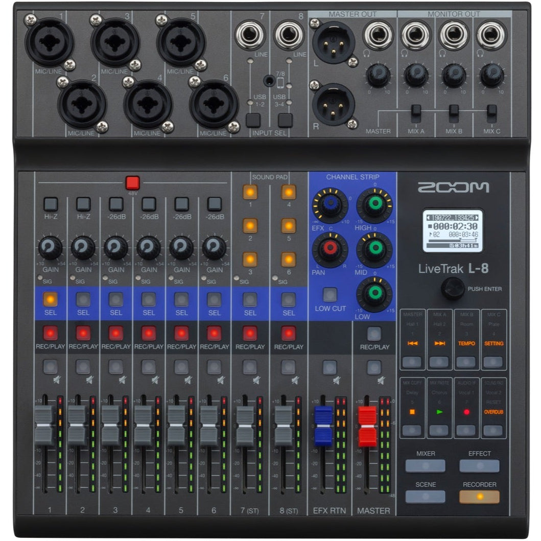 Zoom LiveTrak L-8 digital mixer with multiple input channels and control knobs for professional audio mixing.