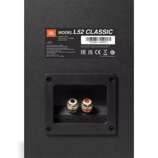 JBL L52 Classic passive bookshelf speakers showing binding posts and front grille on a wooden stand.