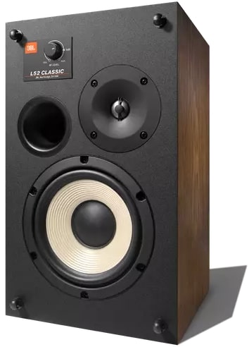 JBL L52 Classic passive bookshelf speakers without grille, showcasing sleek black wood finish and driver details.