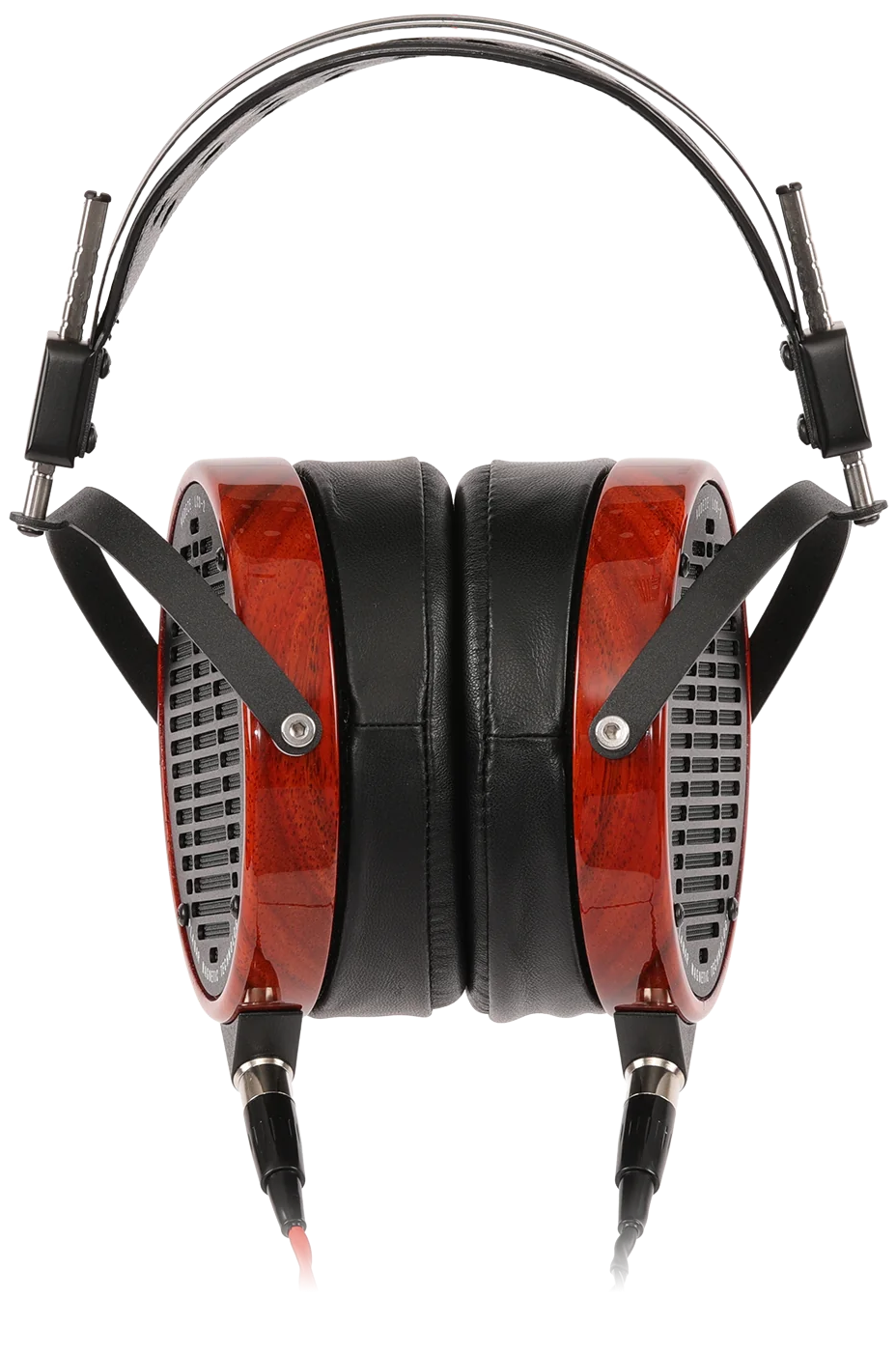 Audeze LCD-2 wired headphones with leather ear cups, front view showcasing sleek design and premium audio quality.