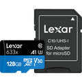Lexar 633X microSDHC/SDXC V30 memory card with adapter, 128GB storage, fast R95/W45 speeds, ideal for portable devices.