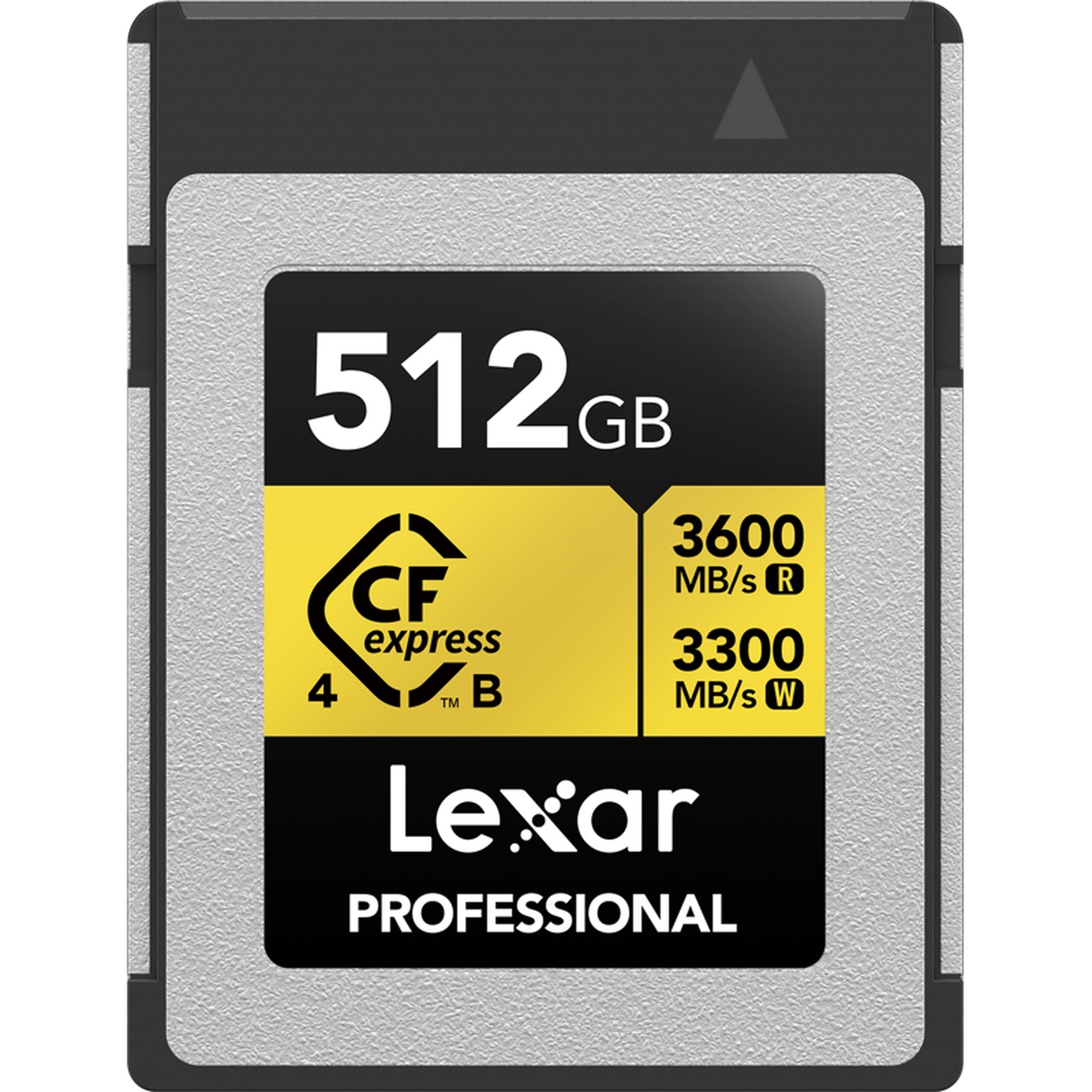 Lexar CFexpress 4.0 Pro Gold memory card with R3600/W3300 speeds, designed for professional photography and videography.