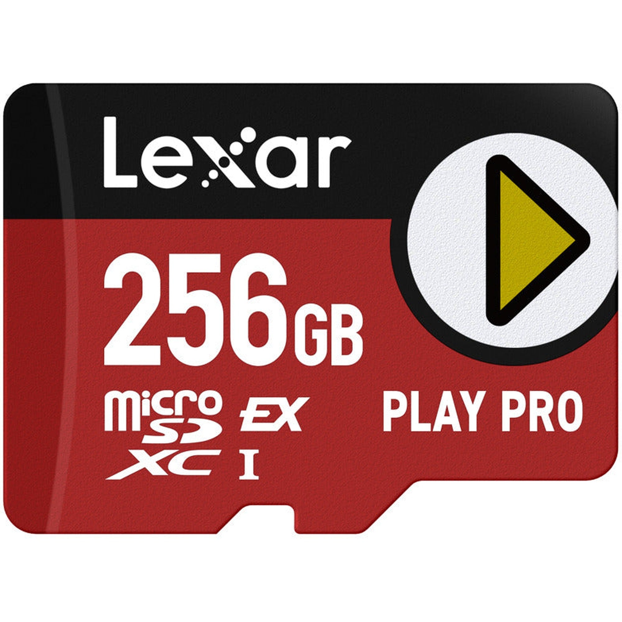 Lexar PLAY PRO microSDXC Express memory card showing the card's front with branding and storage capacity details.