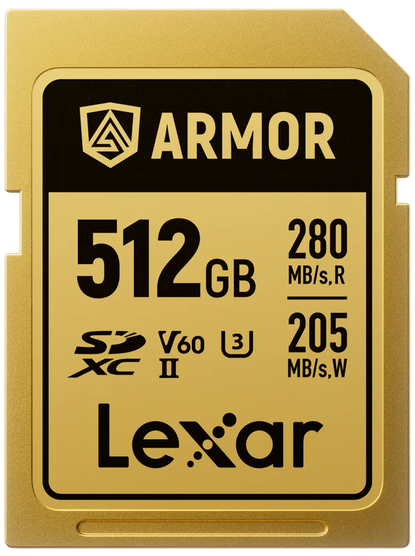 Lexar SDXC ARMOR Gold UHS-II U3, Stainless Steel, IP68 R280/W210 (V60) Memory Card, close-up.