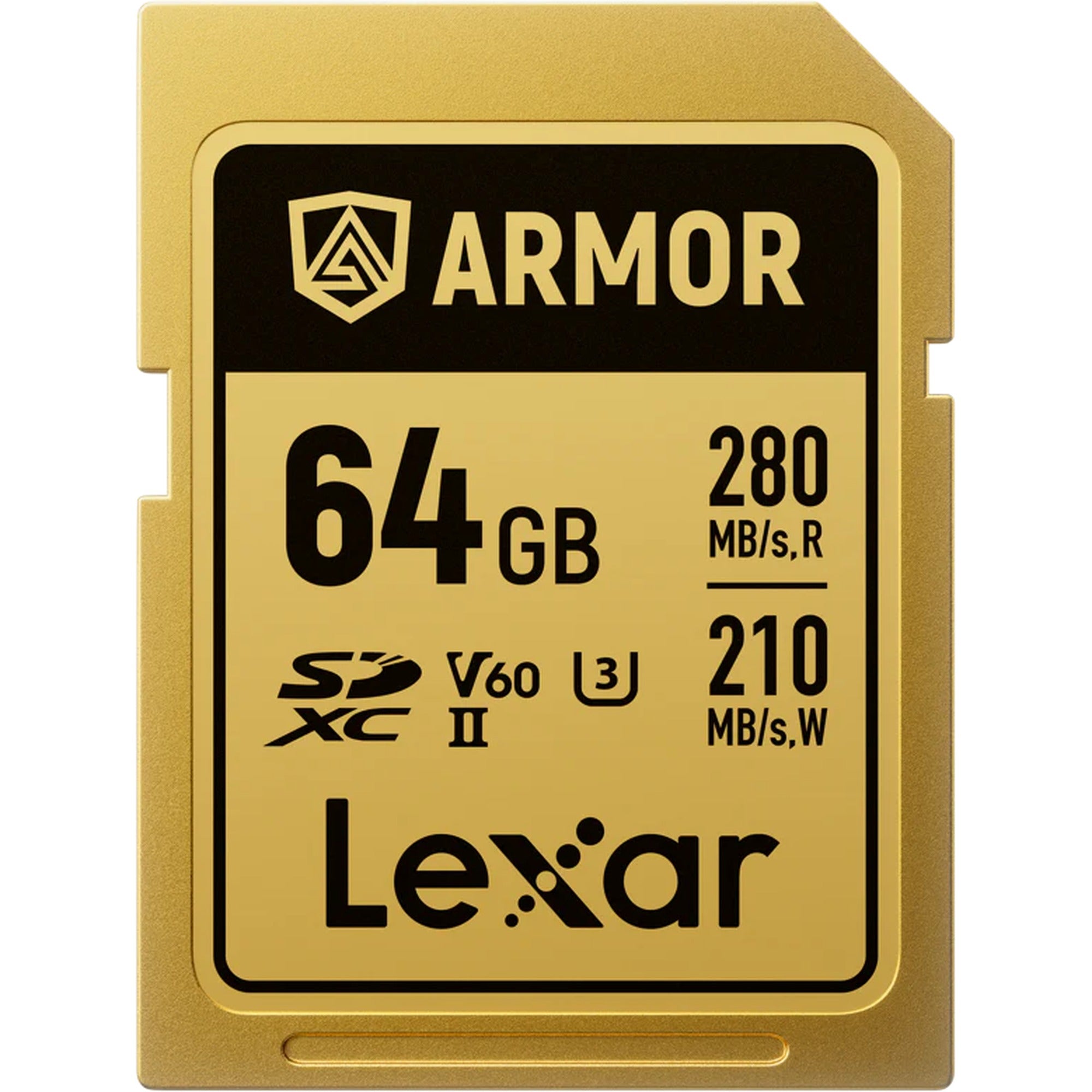 Lexar SDXC ARMOR Gold UHS-II U3, Stainless Steel, IP68 R280/W210 (V60) Memory Card, front view.