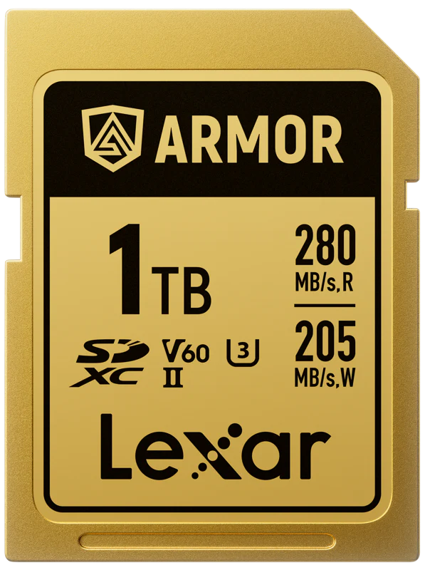Lexar SDXC ARMOR Gold UHS-II U3, Stainless Steel, IP68 R280/W210 (V60) Memory Card, detail view.