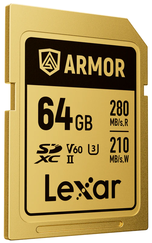 Lexar SDXC ARMOR Gold UHS-II U3, Stainless Steel, IP68 R280/W210 (V60) Memory Card, detail view.