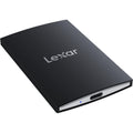 Lexar SL500 Portable SSD external drive with sleek black design and USB-C connector, lightweight and compact for portable storage.
