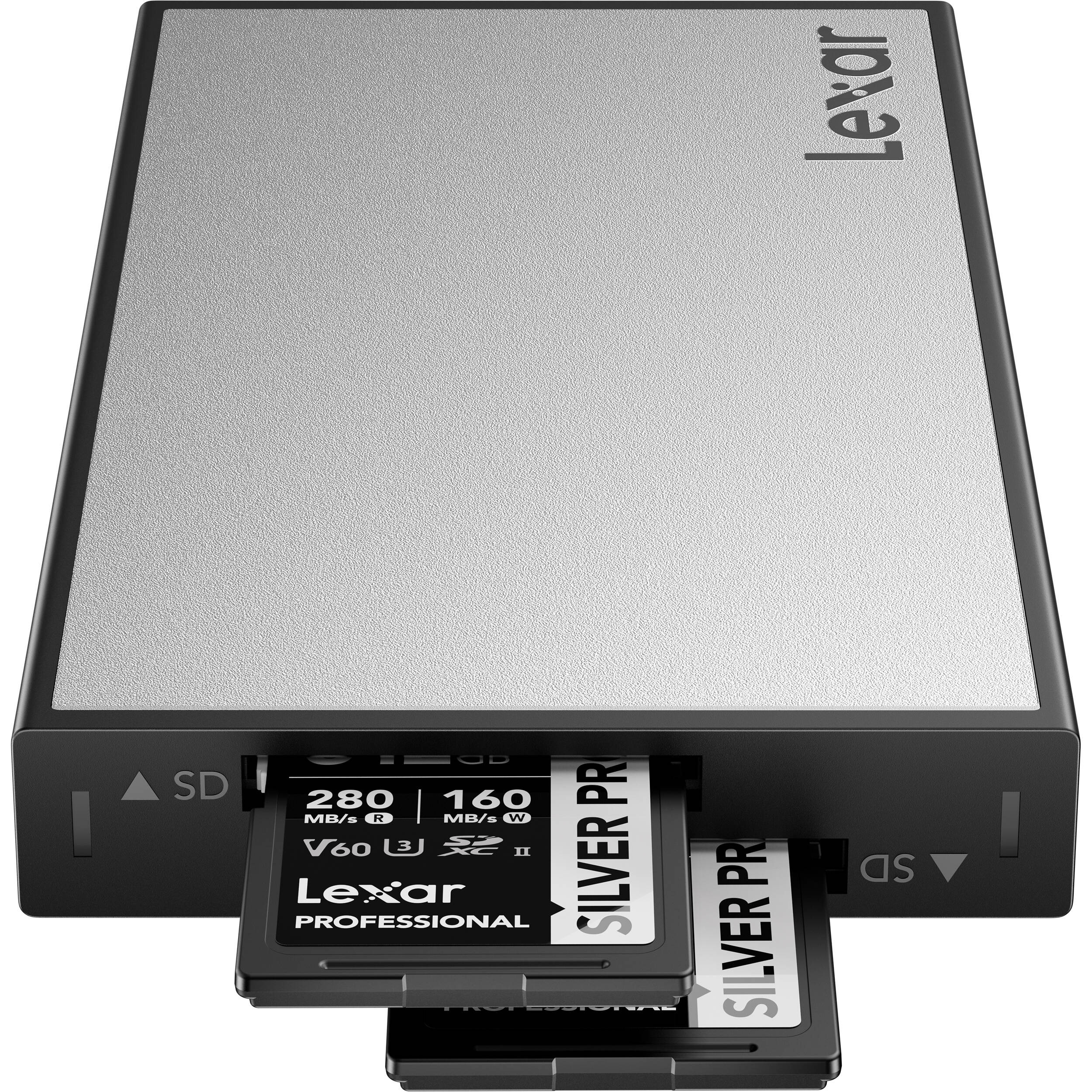 Lexar Workflow Dual-Slot SD UHS-II Card Reader, white, rear view.