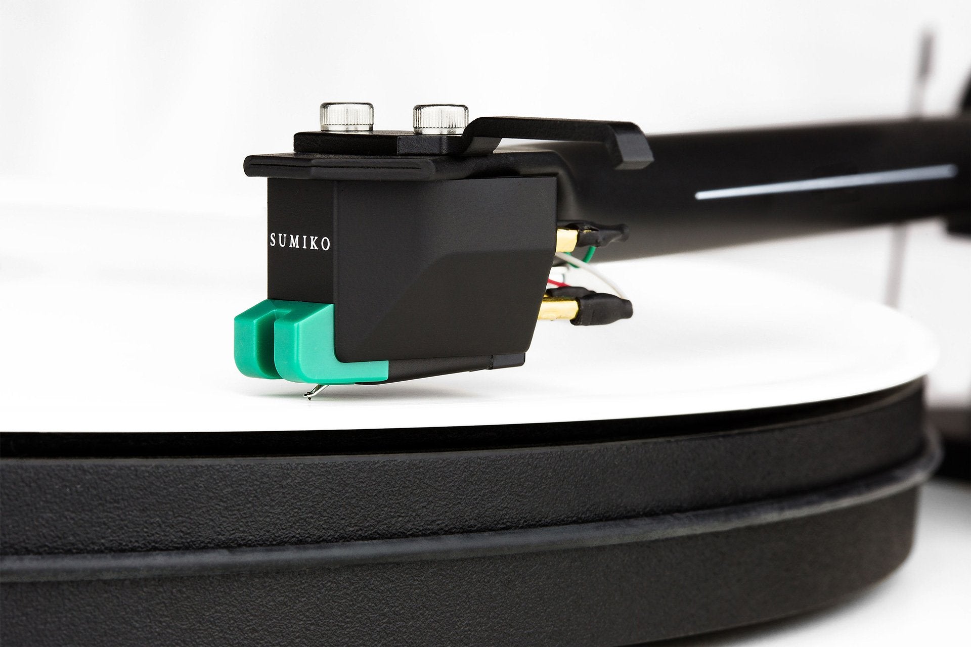 Sumiko Olympia MM phono stylus installed on a turntable for high-quality vinyl record playback.