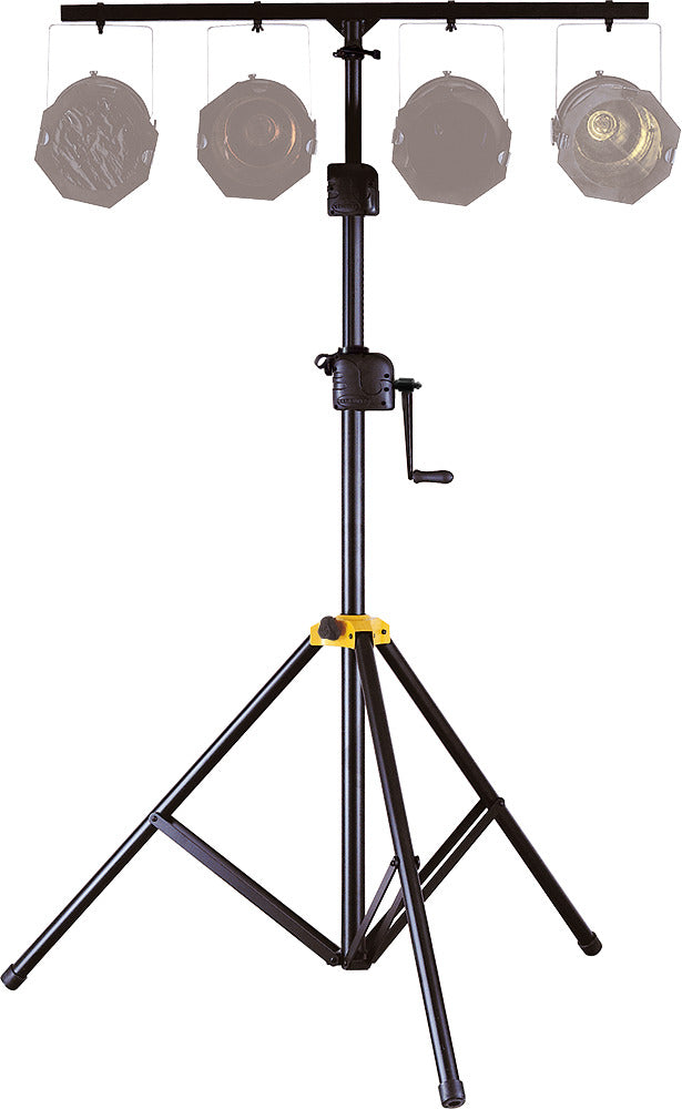Hercules Stands LS700B PA speaker stands set up with adjustable height and sturdy tripod base, ideal for professional audio setup.