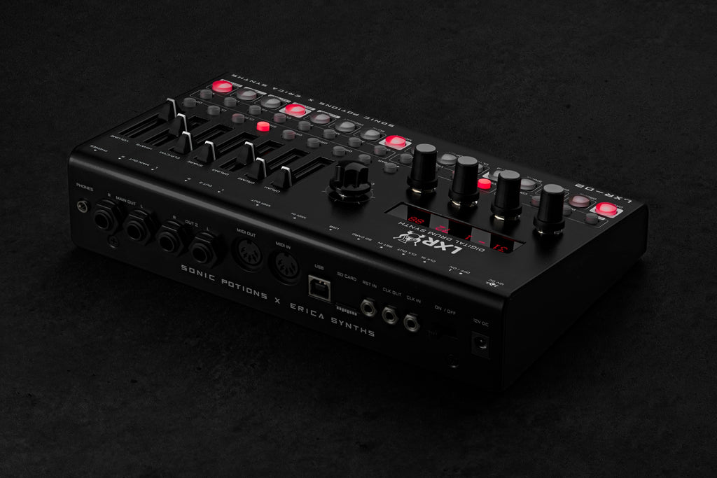 Erica Synths LXR-02 Drum Synthesizer with multiple knobs and buttons, showcasing its compact, professional drum machine interface.