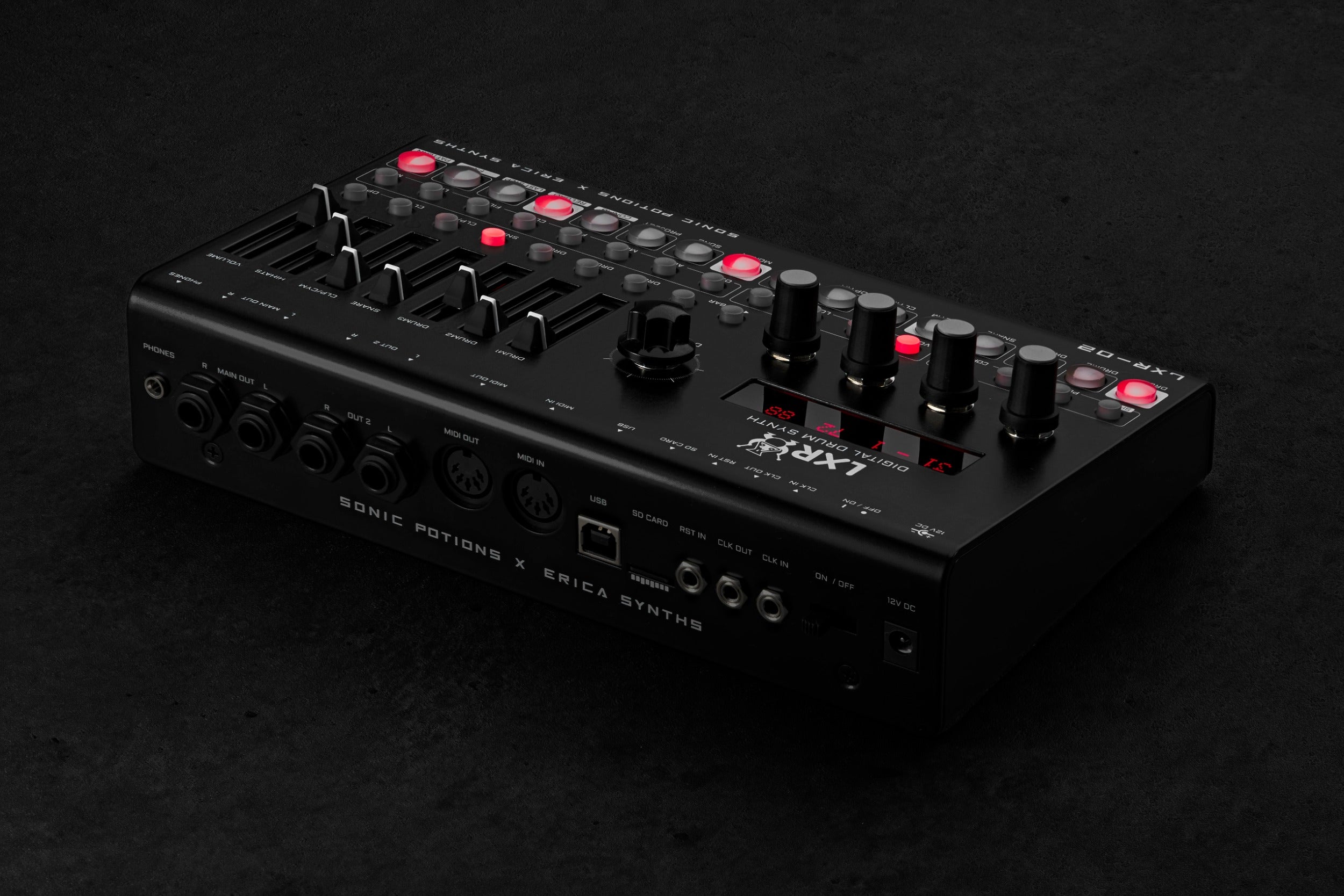 Erica Synths LXR-02 Drum Synthesizer with multiple knobs and buttons, showcasing its compact, professional drum machine interface.