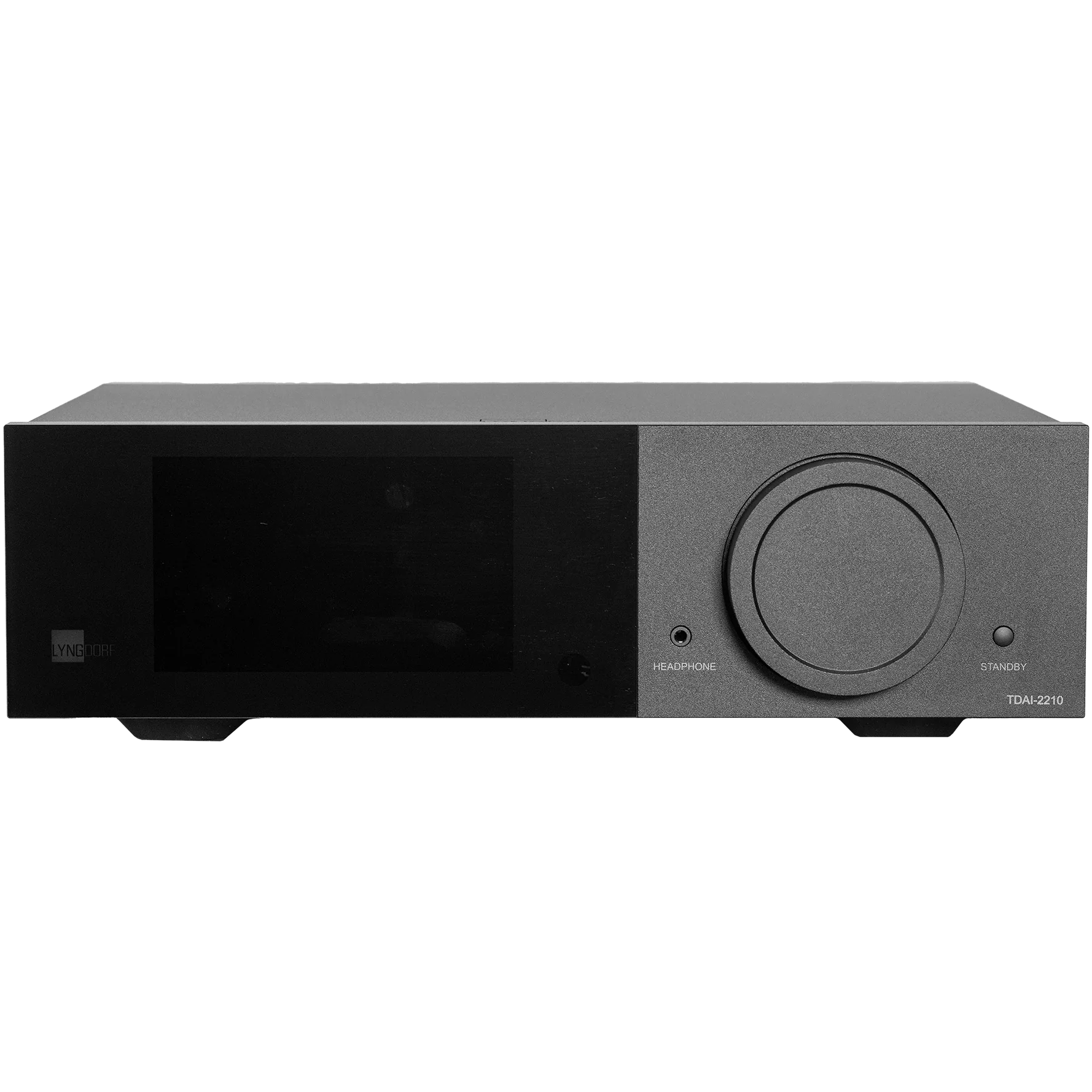 Lyngdorf TDAI-2210 stereo amplifier with RoomPerfect technology, showcasing its sleek front panel and control knobs.