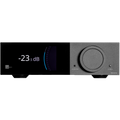 Lyngdorf TDAI-2210 integrated stereo amplifier with sleek design and control knobs, featuring RoomPerfect room calibration technology.