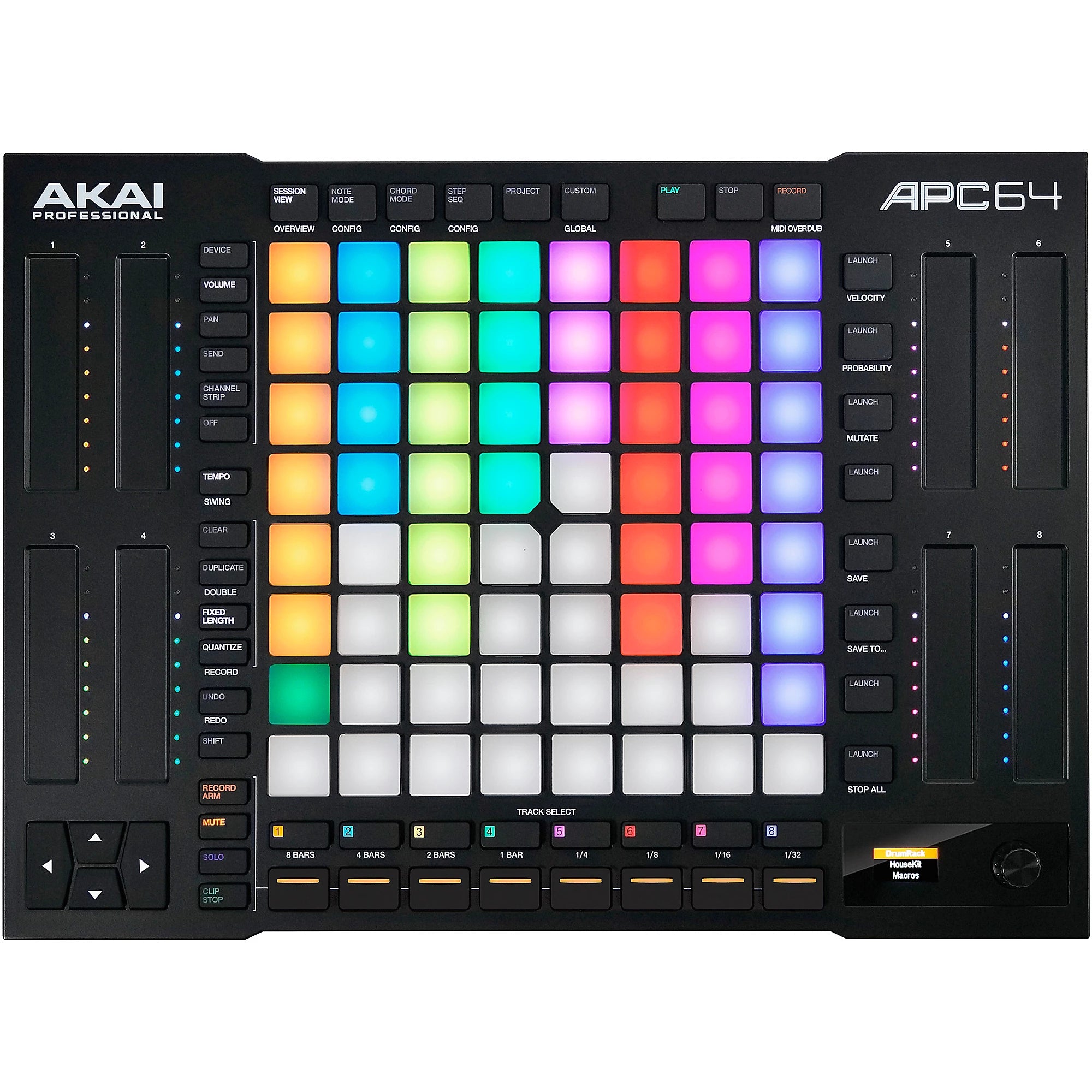 Akai Professional APC64 MIDI controller with 64 pads, knobs, and faders for music production and performance.