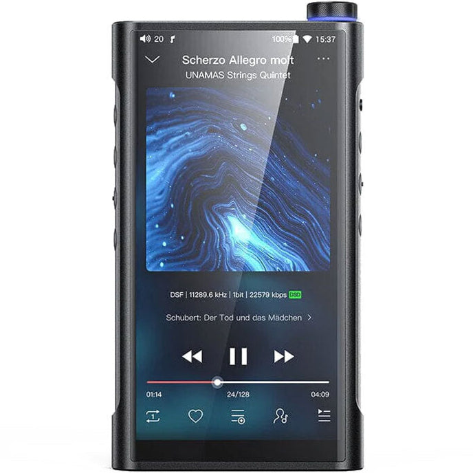 FiiO M15S portable music player with sleek black design and digital display, showcasing high-resolution audio capabilities.