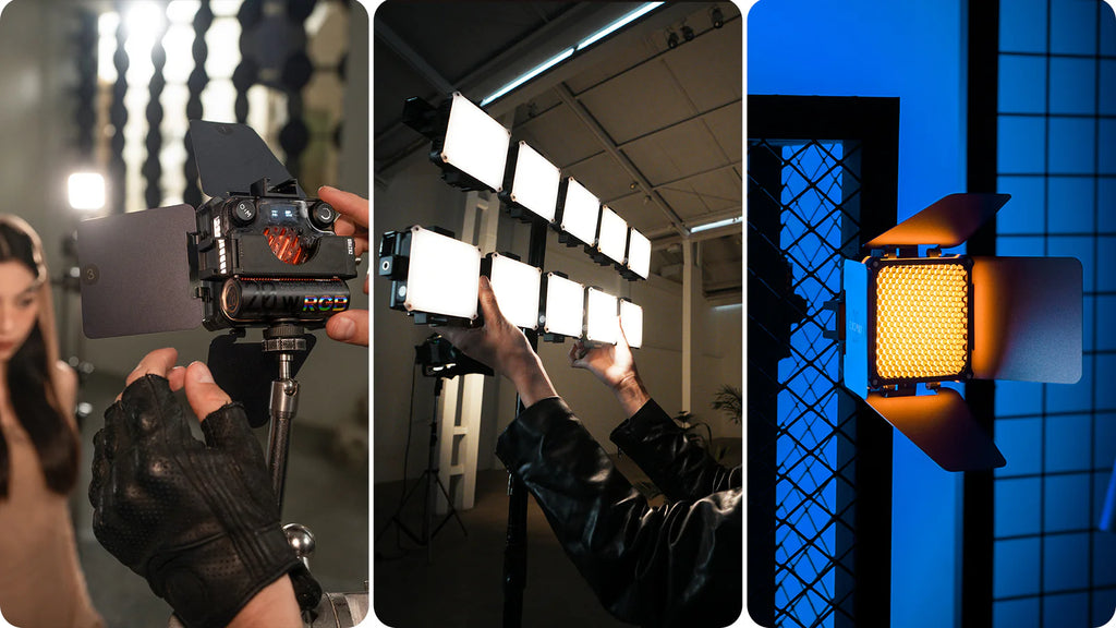 Zhiyun Fiveray M20 Bi-Color LED lights mounted on a stand, showing adjustable brightness and color temperature for professional lighting.