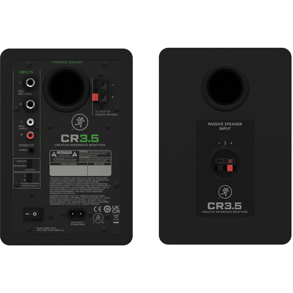 Mackie CR3.5 desktop speakers, rear panel inputs in black