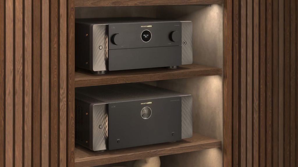 Marantz AV 20 stereo amplifier with sleek black design, front panel controls, and sleek build for high-quality audio performance.